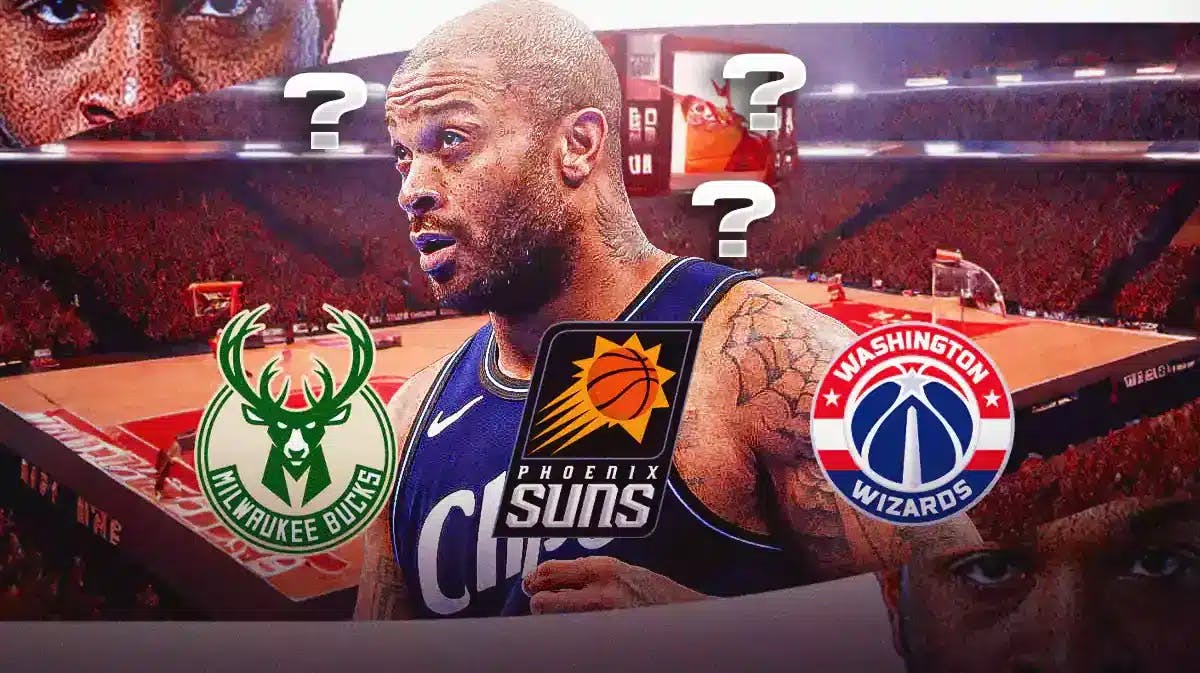 PJ Tucker with several question marks above his head. Wizards, Suns and Bucks logos in the background
