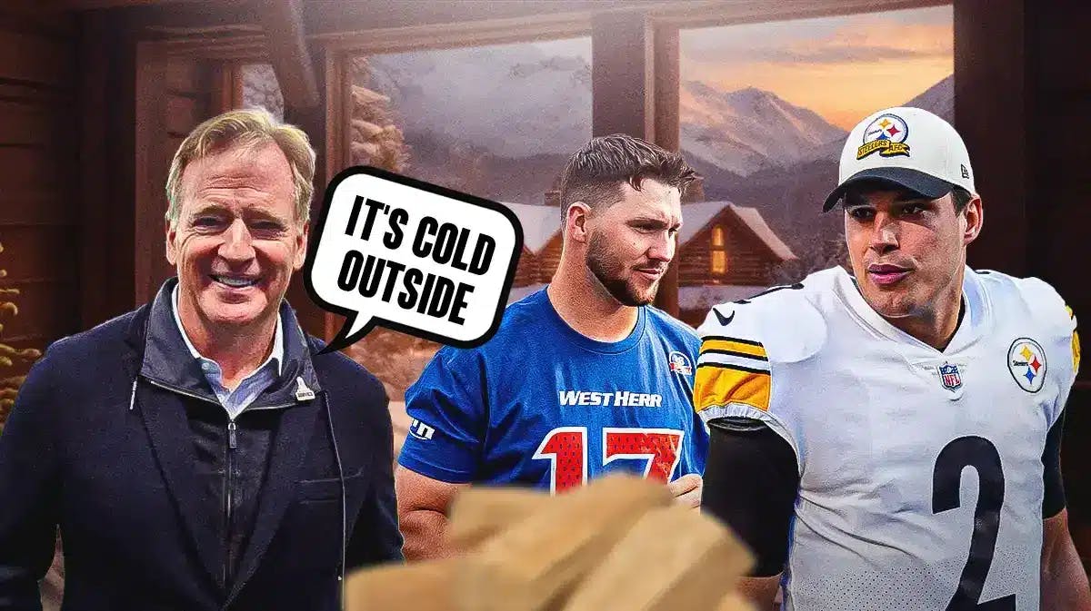 Thumb: Roger Goodell with Steelers QB Mason Rudolph, Bills QB Josh Allen in a cabin. Goodell saying… “It's cold outside”