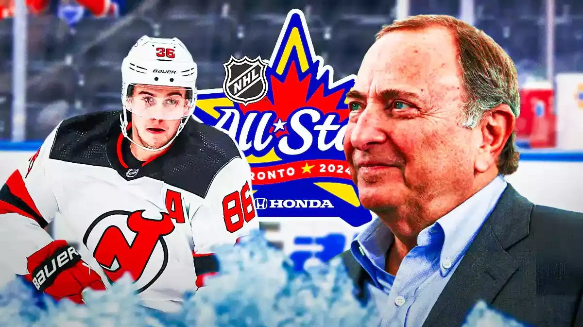 Jack Hughes on one side looking hopeful, Gary Bettman on other side looking hopeful, 2024 NHL All-Star Game logo in middle, hockey rink in background