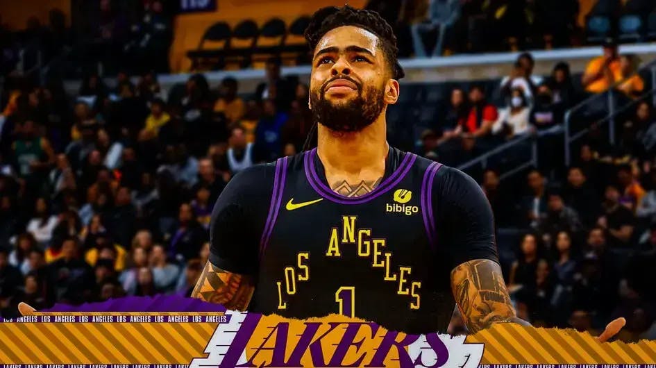 D'Angelo Russell reacting to NBA trade rumors in Lakers jersey, Hawks' Dejounte Murray sitting out of the frame