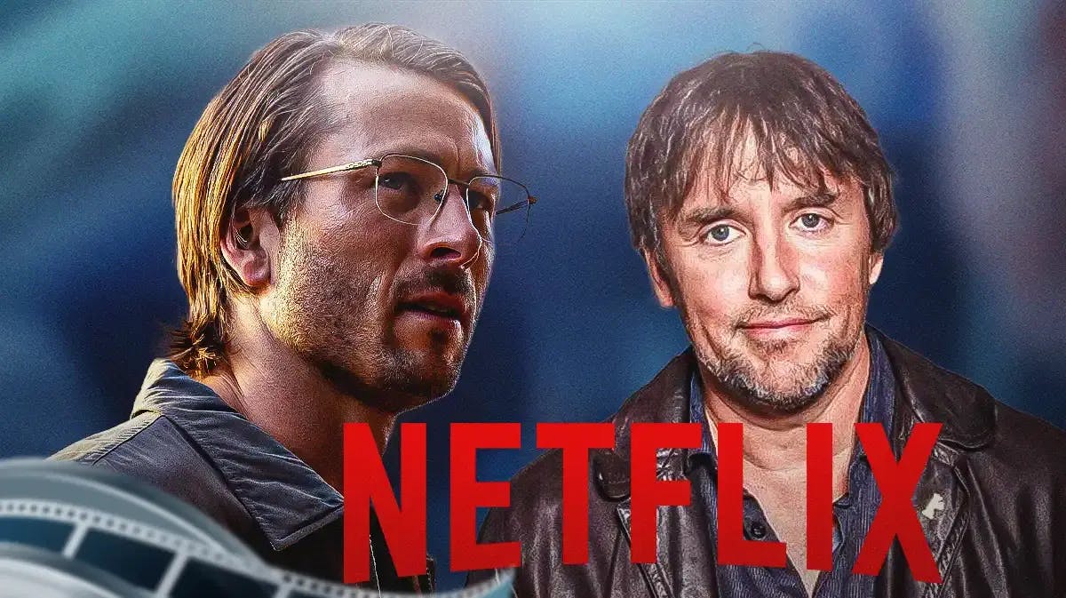 Glen Powell in Hit Man with Richard Linklater and Netflix logo.
