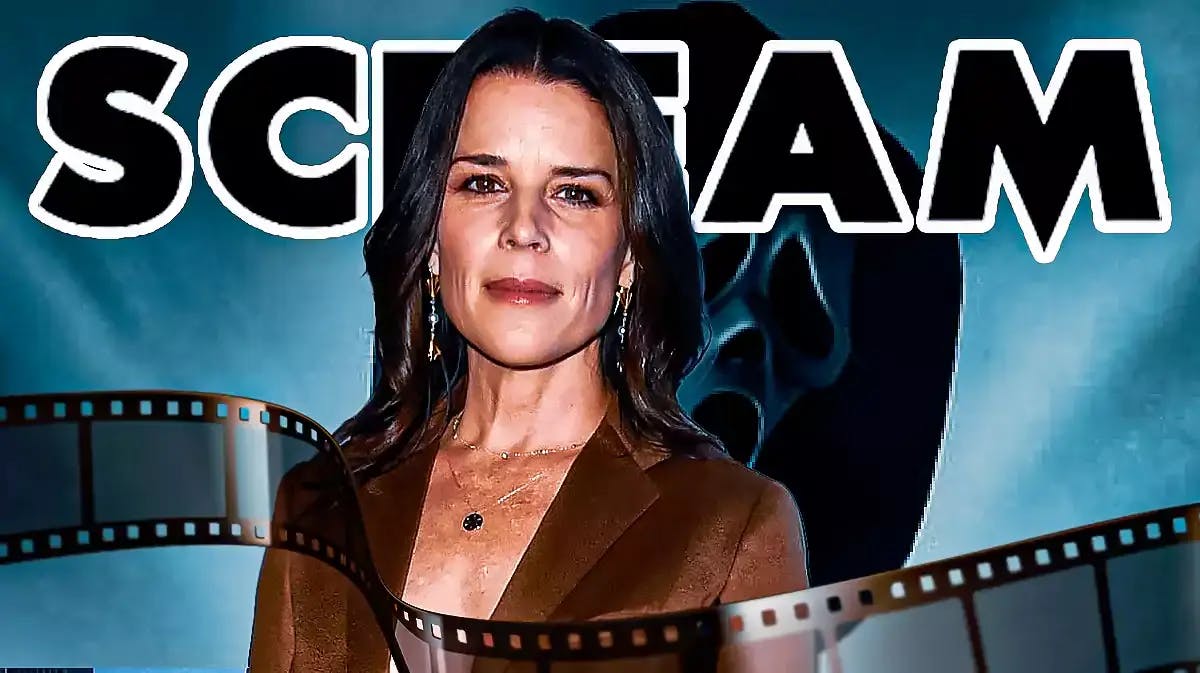 Neve Campbell in front of Scream logo and Ghostface.