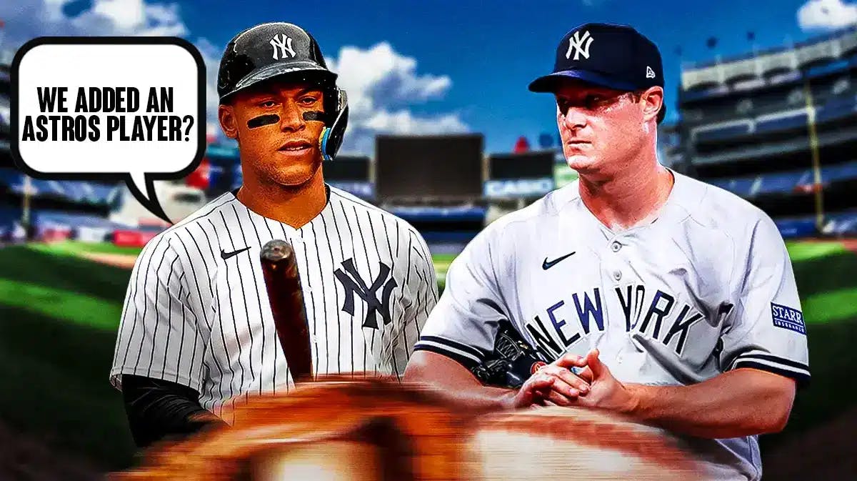 Yankees' Aaron Judge saying the following: We added an Astros player? Have him saying it to Yankees' Gerrit Cole Yankee Stadium in background.