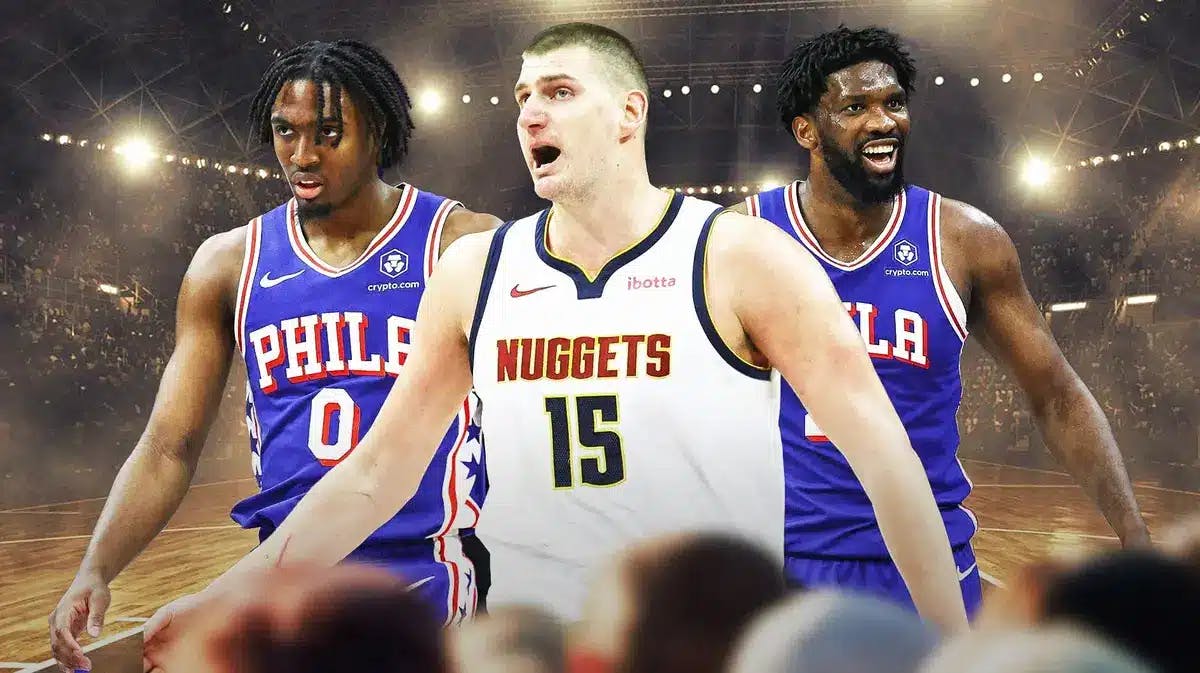 Nuggets' Nikola Jokic looking serious vs. 76ers' Joel Embiid, Tyrese Maxey all hyped up