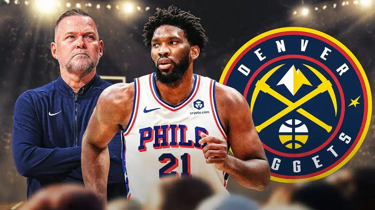 NBA's Michael Malone and Joel Embiid stand in front of the Nuggets logo before 76ers game