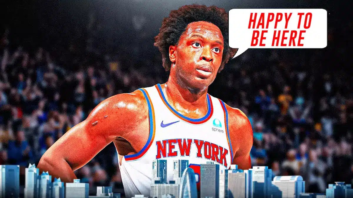 OG Anunoby in a Knicks uniform saying “happy to be here”