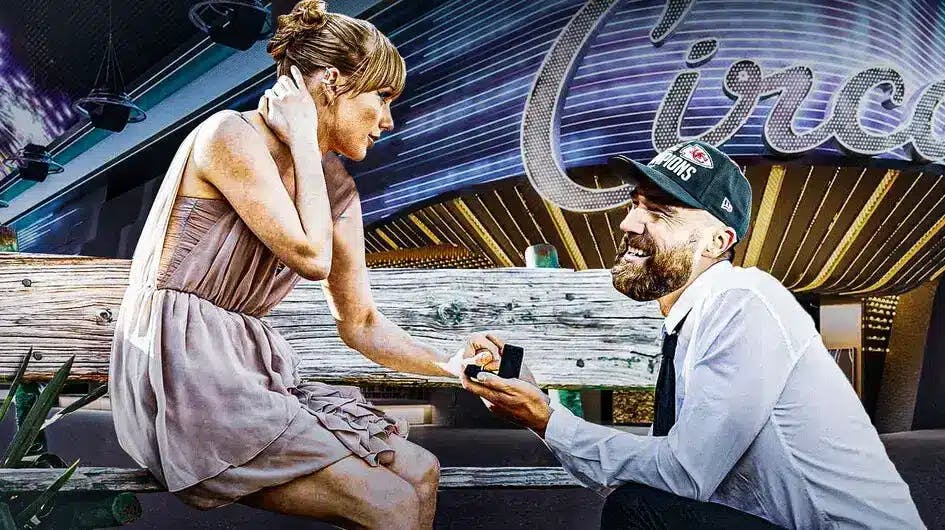 Travis Kelce (Chiefs) as a man proposing to Taylor Swift with “MARRY ME” text and Vegas sportsbook in the backround