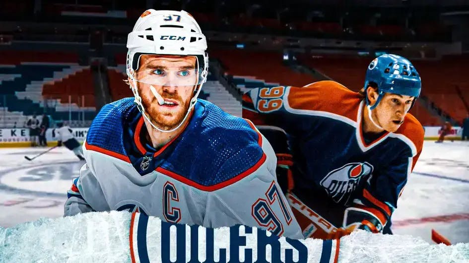 Oilers' Connor McDavid hyped up, with Wayne Gretzky (1984 version) beside McDavid
