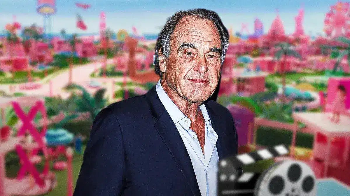 Oliver Stone with a Barbie background.