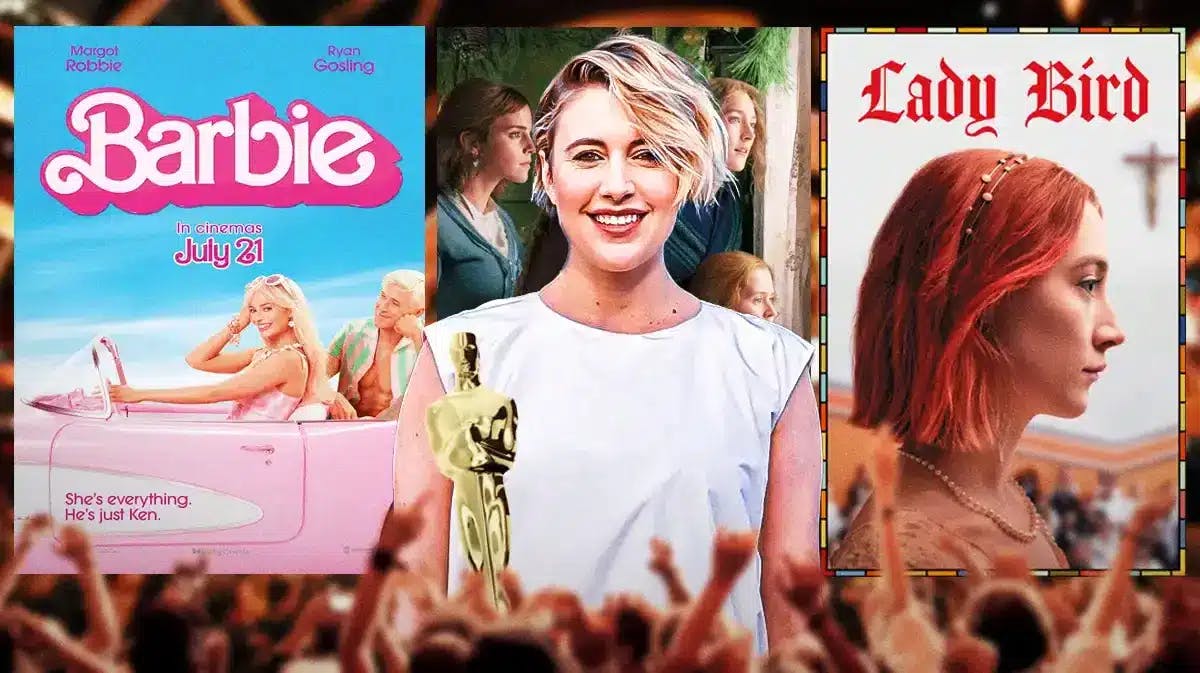 Greta Gerwig and posters of Barbie, Little Women, and Lady Bird.