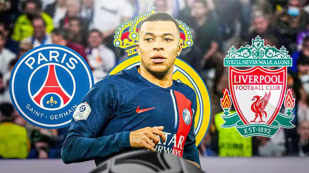 Kylian Mbappe with his hand on his heart, the PSG, Real Madrid, Liverpool logos behind him