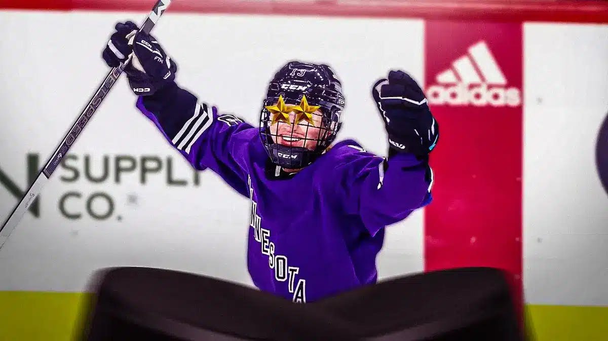 PWHL Minnesota hockey player Graze Zumwinkle, in her hockey uniform on a hockey rink, with stars in her eyes