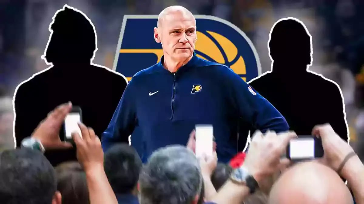 Rick Carlisle. Bennedict Mathurin and Jarace Walker as silhouettes. Pacers logo