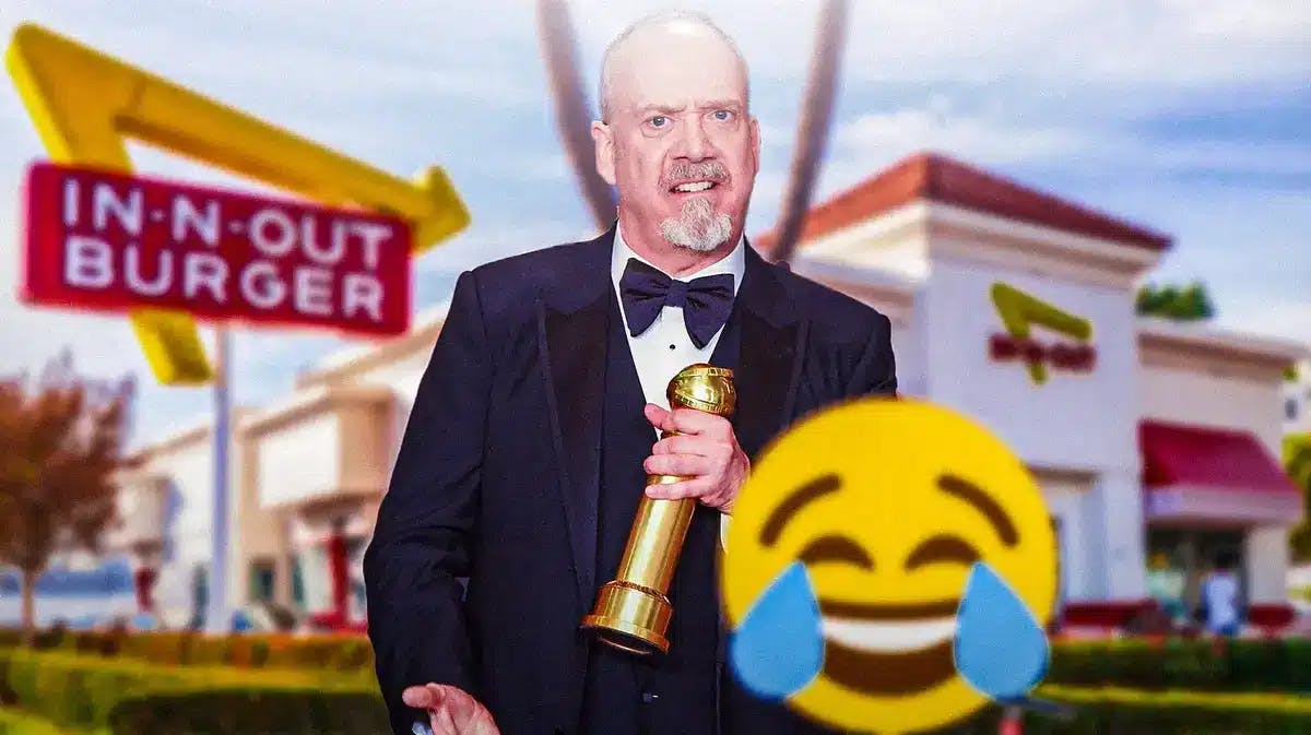 Paul Giamatti and Golden Globes trophy with In-N-Out restaurant background and laughing emoji.