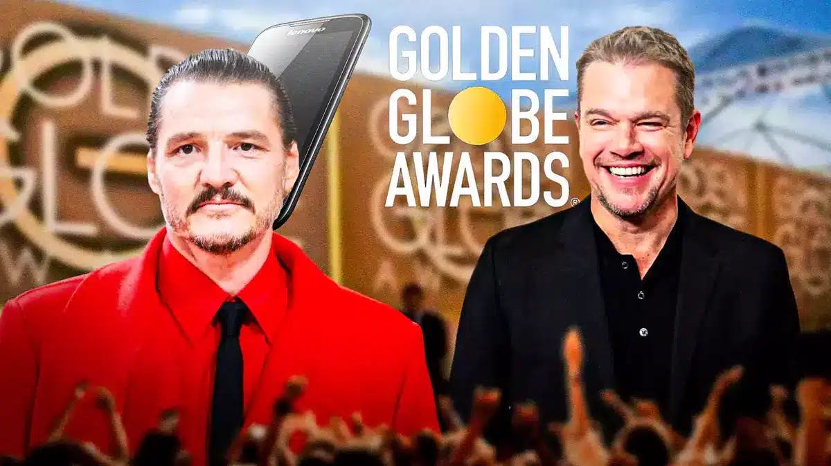 Pedro Pascal and a cell phone next to Matt Damon and Golden Globes Awards logo.