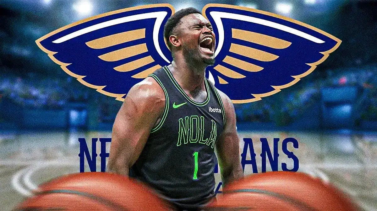 Pelicans' Zion Williamson hyped up, with the Pelicans logo beside him