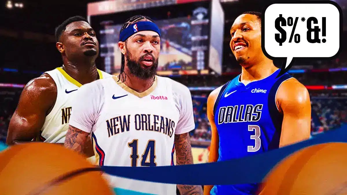 Pelicans' Zion Williamson, Brandon Ingram, and Mavericks' Grant Williams laughing with speech bubbles of: $%*&!