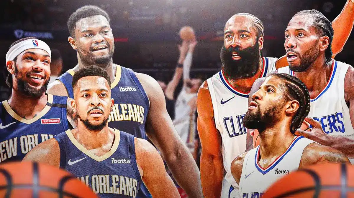 Pelicans Zion Williamson, Brandon Ingram, and CJ McCollum on one side, Clippers Paul George, Kawhi Leonard, and James Harden on the other.