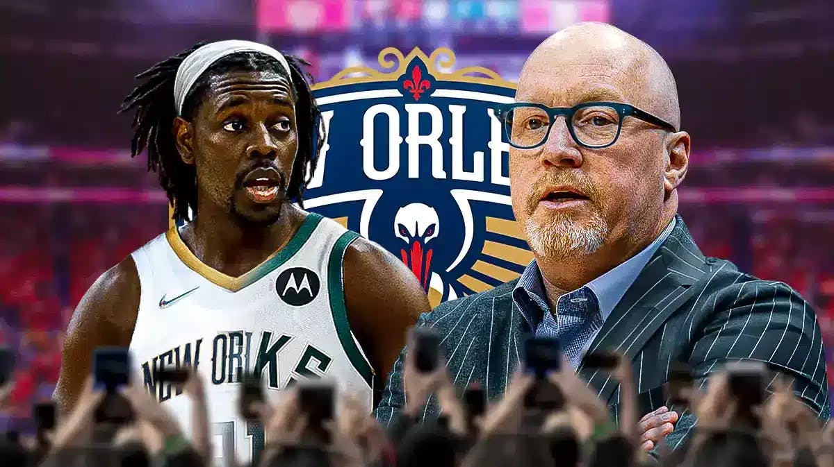 Jrue Holiday wearing a half Bucks, half Pelicans jersey next to David Griffin in front of a Pelicans logo
