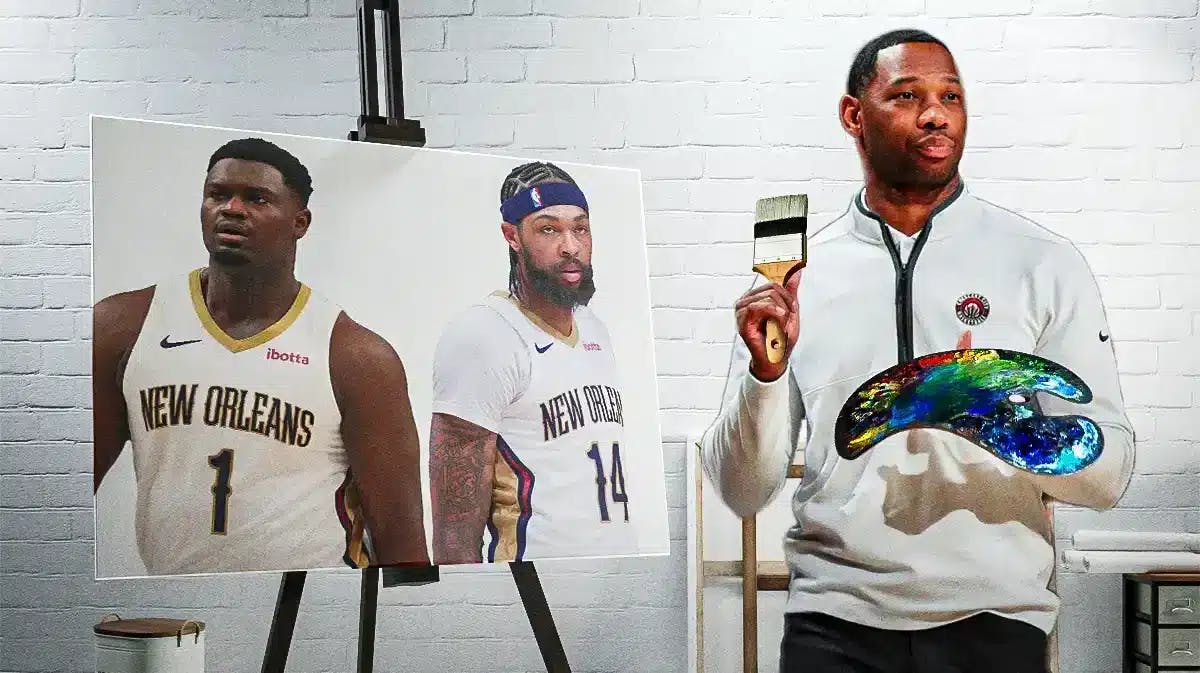 Pelicans coach Willie Green with a paint brush. Zion Williamson and Brandon Ingram on the canvas,