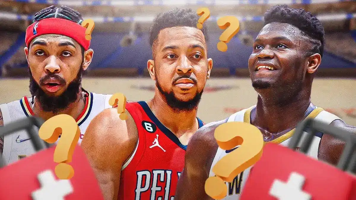 CJ McCollum, Brandon Ingram and Zion Williamson with question marks and red medical box. [Pelicans]
