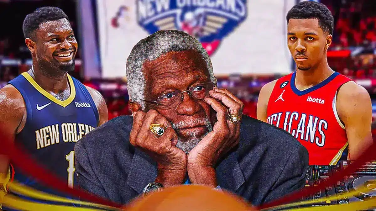 Zion Williamson admiring/looking at Bill Russell’s 11 rings, Trey Murphy with something musical like a boombox/DJ set up/headphones