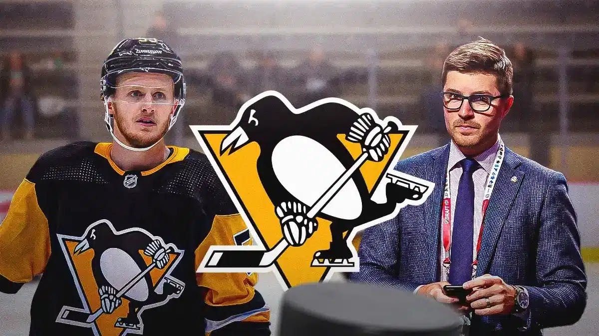 Jake Guentzel on one side looking stern, Kyle Dubas on other side looking stern, PIT Penguins logo in middle, hockey rink in background