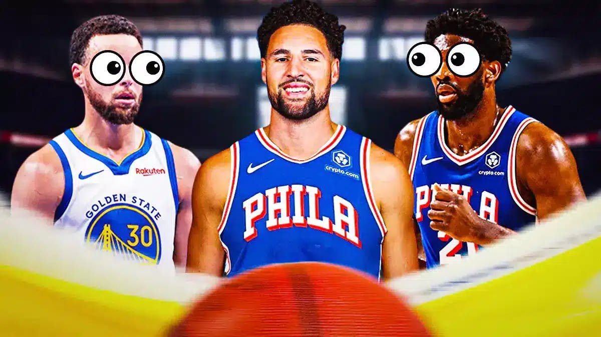 Klay Thompson in middle with a 76ers' jersey. Warriors' Stephen Curry on left with eyes popping out, 76ers' Joel Embiid on right with eyes popping out.