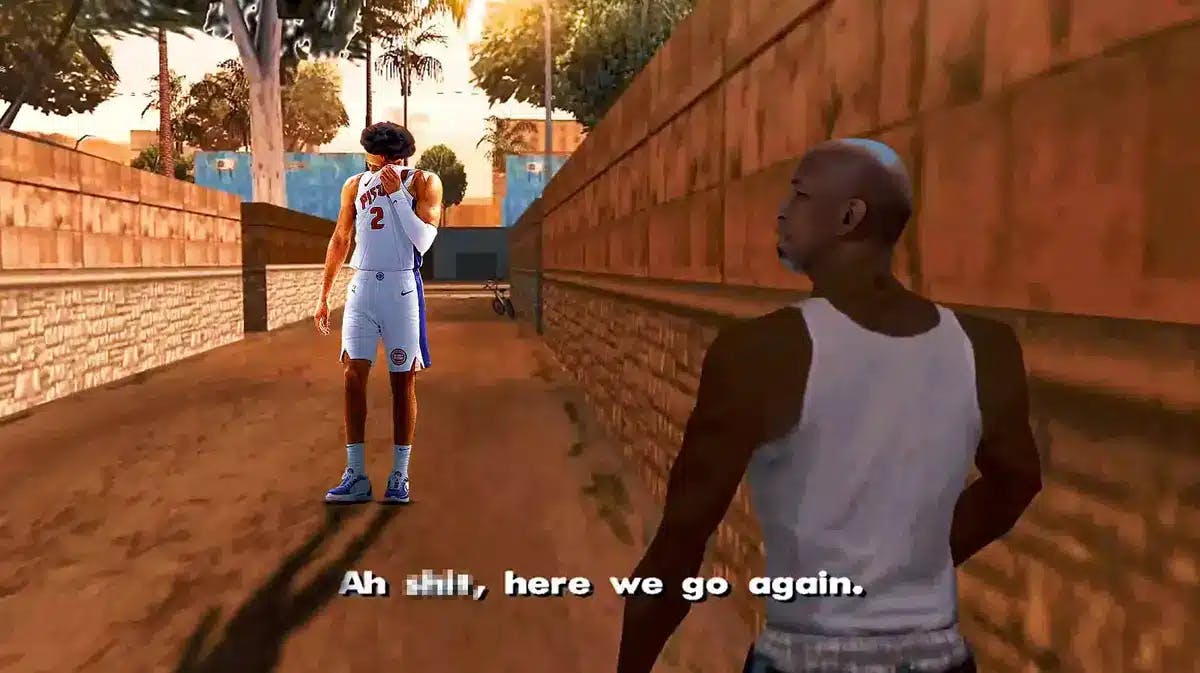 Pistons' Monty Williams in the ah sh*t here we go again meme, with Cade Cunningham looking sad