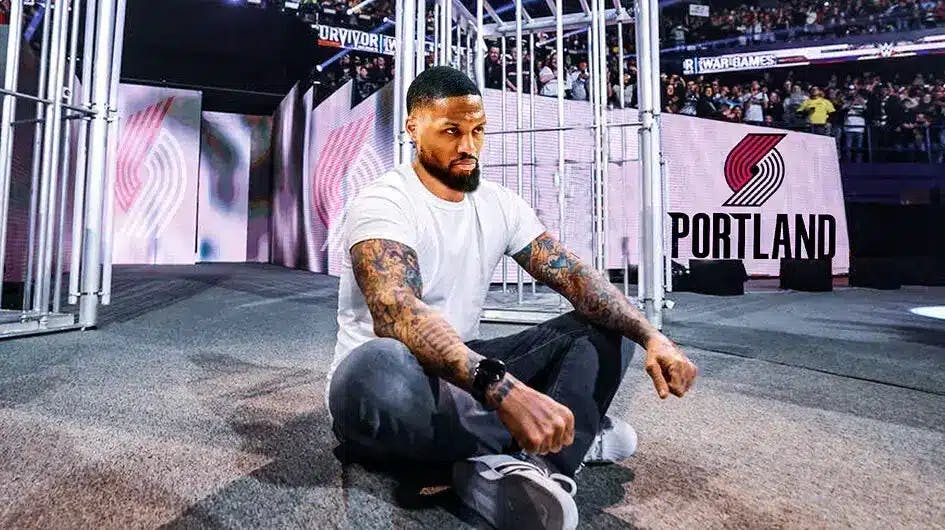 Damian Lillard (Bucks) as CM Punk, with BLAZERS LOGO on the white screens in the background