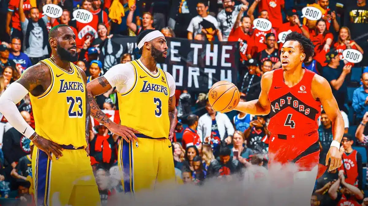 Los Angeles Lakers stars LeBron James and Anthony Davis on the left. Scottie Barnes on the right with angry Toronto Raptors fans in the background