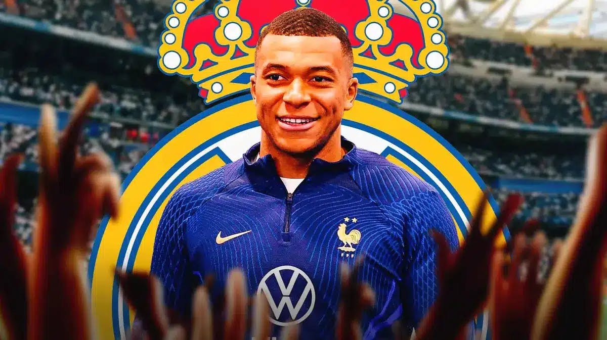 Kylian Mbappe in front of the Real Madrid logo
