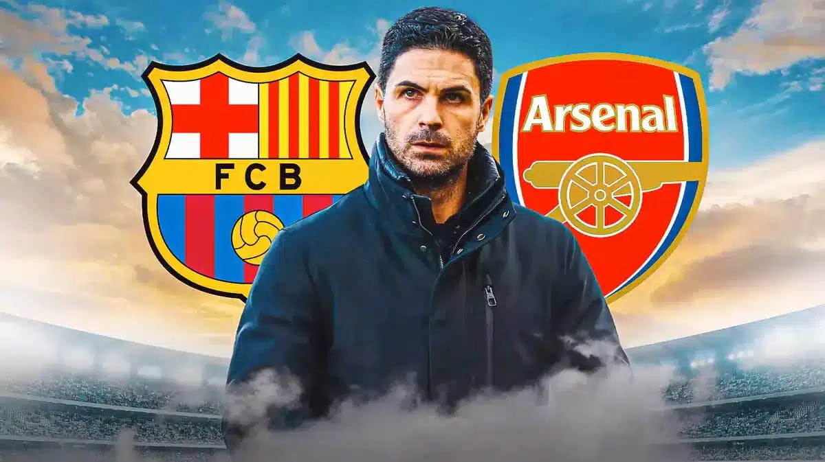 Mikel Arteta in front of the FC Barcelona and Arsenal logos