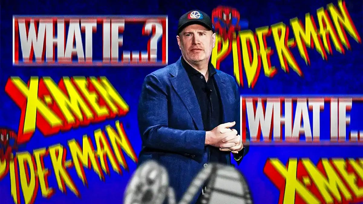 Kevin Feige surrounded by logos for various Marvel animated series.