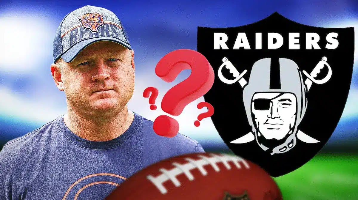 Raiders logo on right, with question marks. Luke Getsy on left.