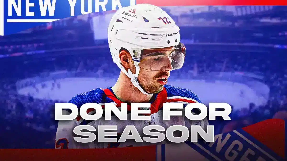 New York Rangers' Filip Chytil and text graphic at bottom of image “Done For Season”