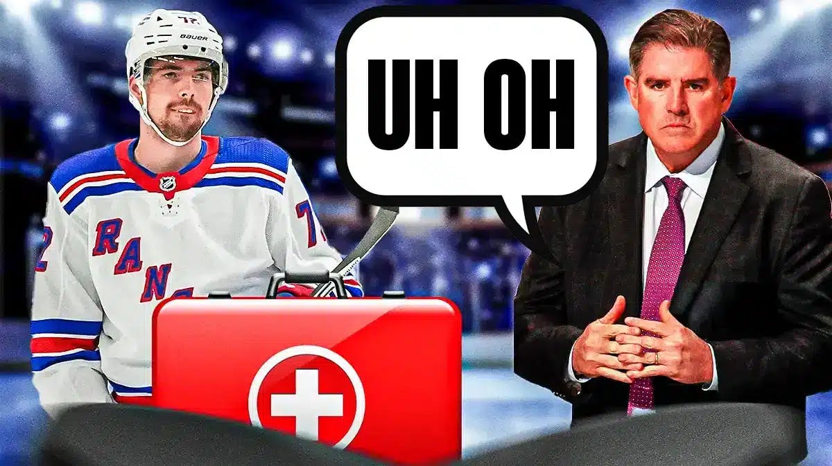 Filip Chytil on one side with an injury kit in front of him, Peter Laviolette on the other side with a speech bubble that says “Uh oh”
