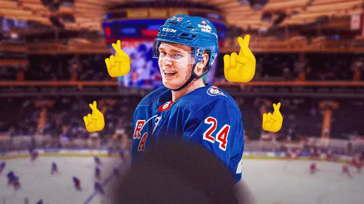 NY Rangers' Kaapo Kakko and prominent image of fingers crossed to signify team is hoping for good news.