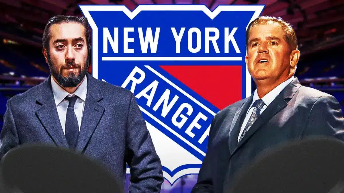 Mika Zibanejad on one side looking stern, Peter Laviolette on other side, NY Rangers logo in middle, hockey rink in background
