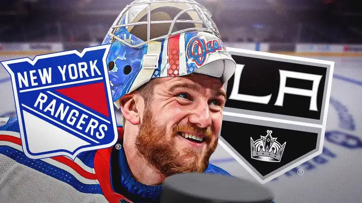 Jonathan Quick in middle of image looking happy, NY Rangers and LA Kings logo on either side, Crypto.com Arena hockey rink in background