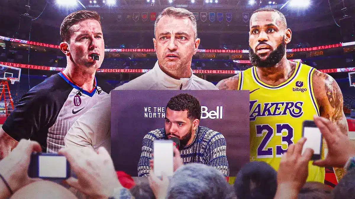 Raptors' Darko Rajakovic angry, with Lakers' LeBron James and referee Ben Taylor in the middle, smiling, with picture of Fred VanVleet in his rant
