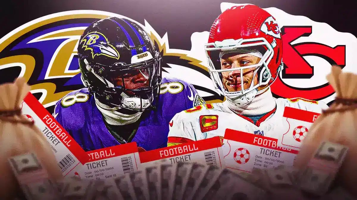 Lamar Jackson on one side with Ravens logo in the background. Patrick Mahomes with Chiefs logo in the background on the other side. All around the graphic is cash and tickets.