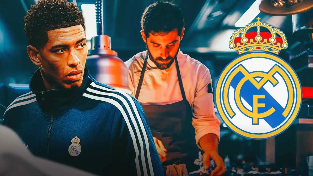 Jude Bellingham and a chef in a kitchen, the Real Madrid logo behind them