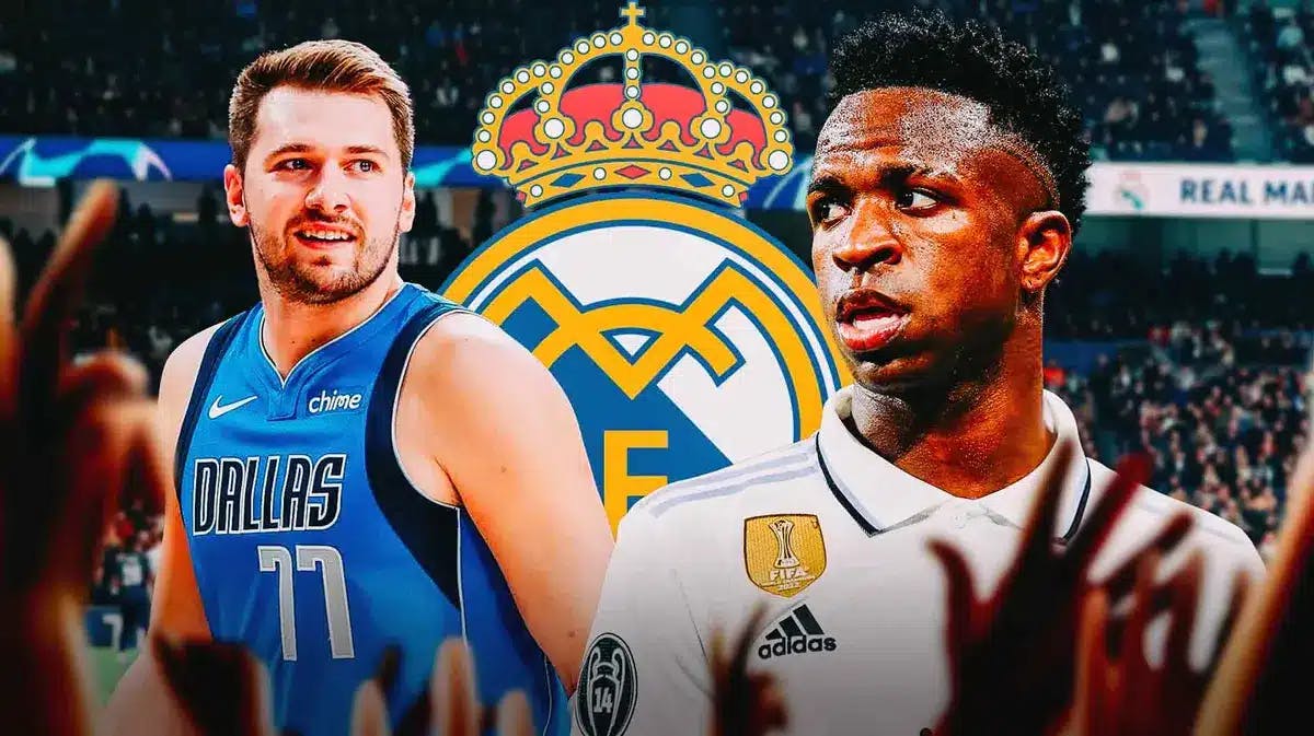 Vinicius Jr. and Luka Doncic in front of the Real Madrid logo