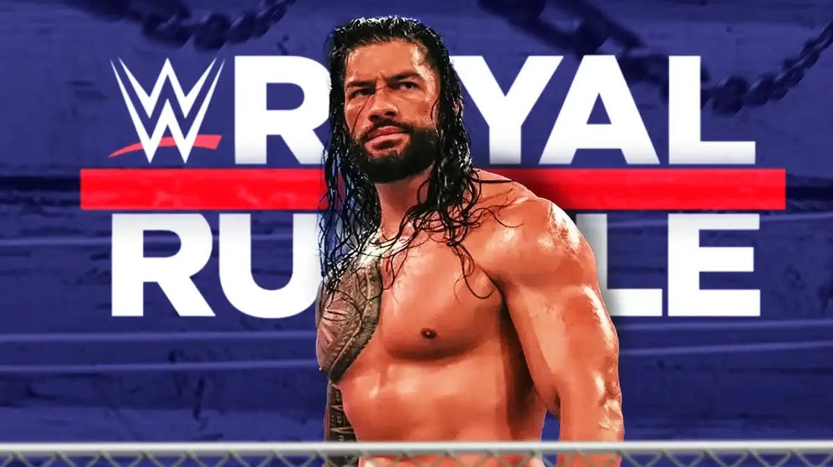 Roman Reigns in front of the Royal Rumble logo.