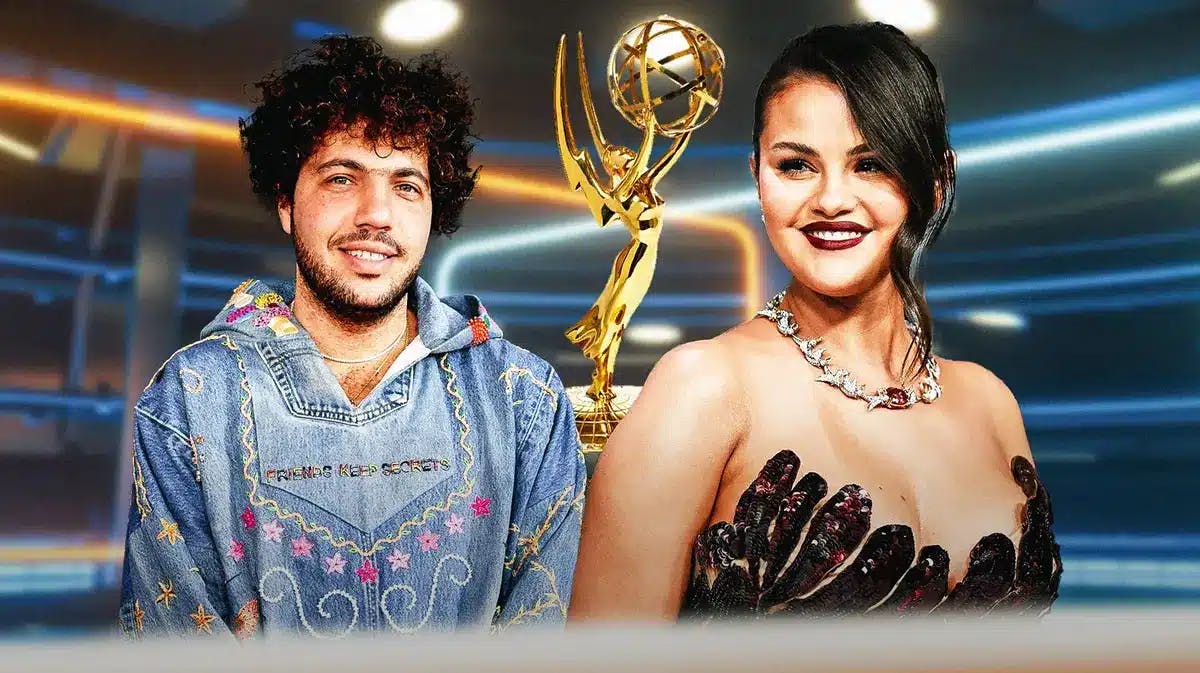 Selena Gomez, Benny Blanco with the Emmys in the background
