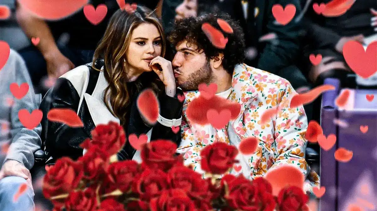 Selena Gomez and Benny Blanco with hearts and roses around them