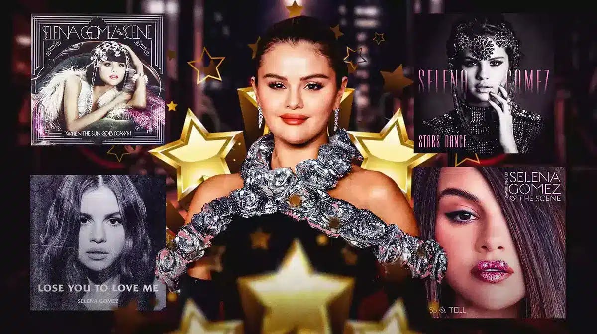 Selena Gomez surrounded by her albums.