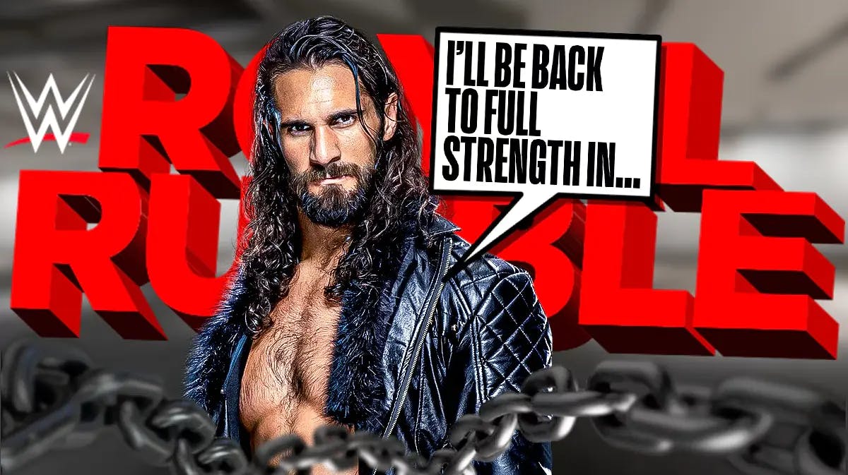 Seth Rollins with a text bubble reading “I’ll be back to full strength in…” with the Royal Rumble logo as the background.