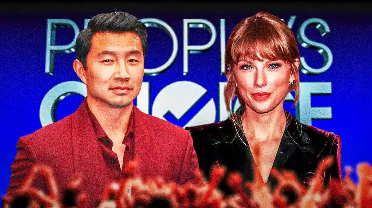 Simu Liu and Taylor Swift in front of People's Choice Awards logo.